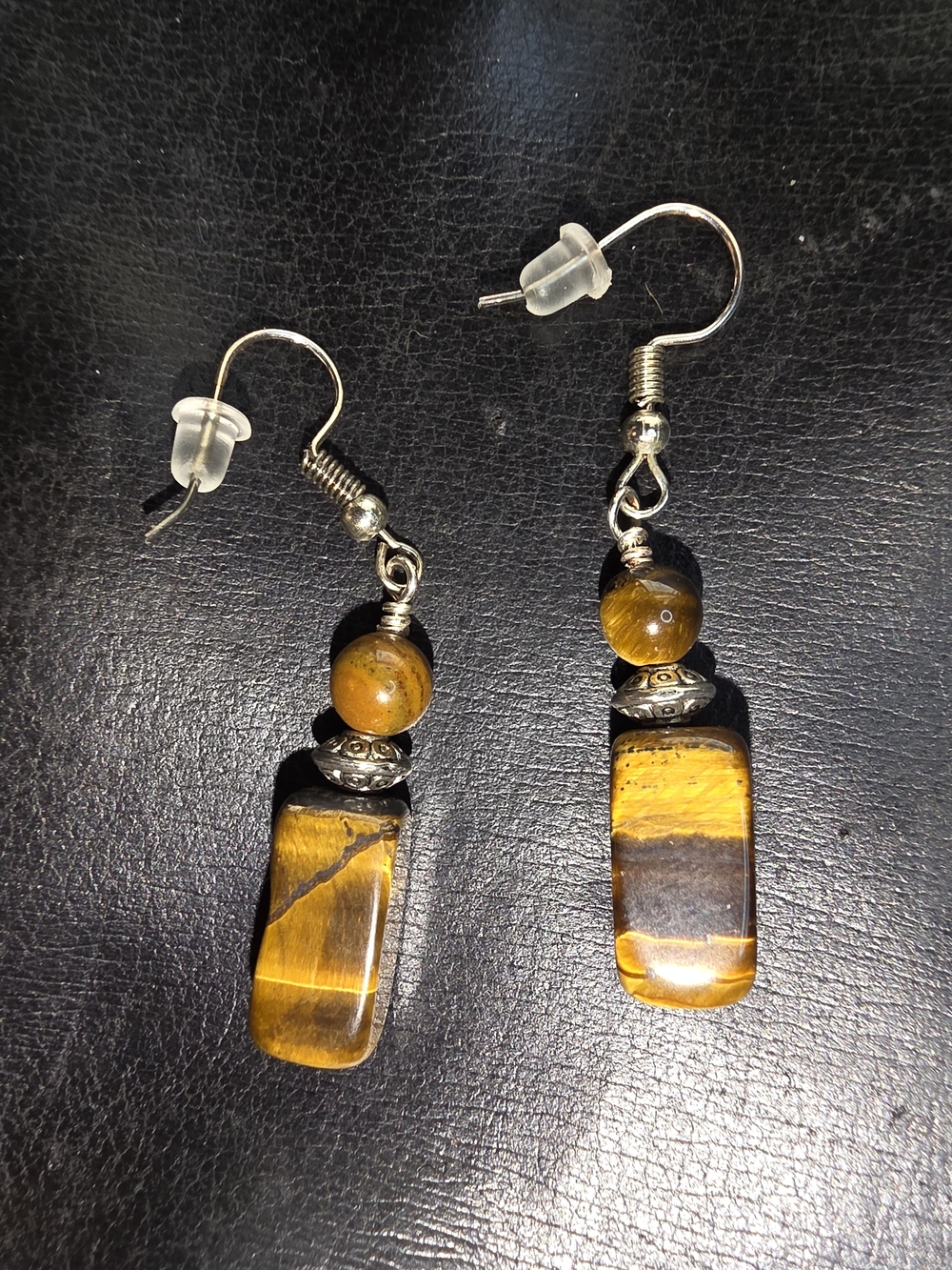 Tiger Eye  Stone Dangle Earrings - Yellow Brown Stone